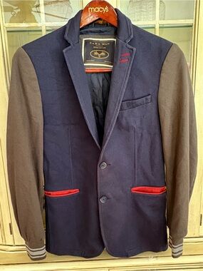 Zara Man Denim Couture Two-Tone Navy Blazer with Grey Sleeves and Red Accents